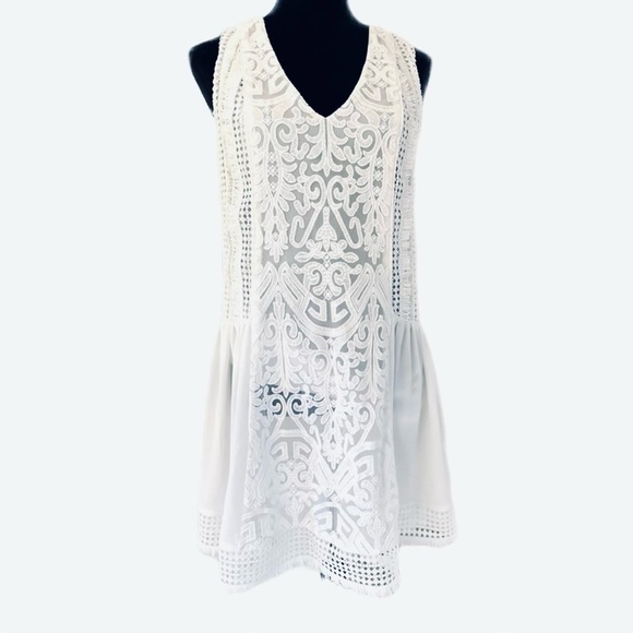 Sisley White Lace Crochet Drop-Waist Mini Dress Size 4 Boho Beach Wedding - Picture 1 of 10